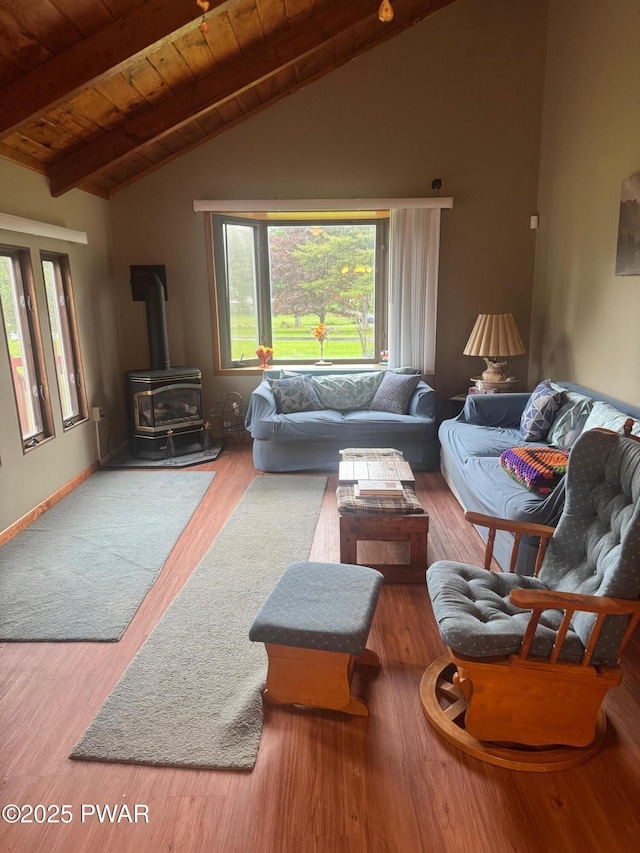 112 Ewe Ln, Tobyhanna, PA 18466 - living room with wooden ceiling, a wood stove, healthy amount of natural light, and wood finished floors