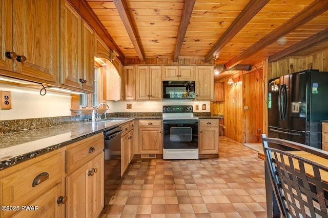 349 Starlight Lake Rd, Starlight, PA 18461 - kitchen with black appliances, a sink, wood ceiling with exposed beams, wooden walls, and dark stone countertops