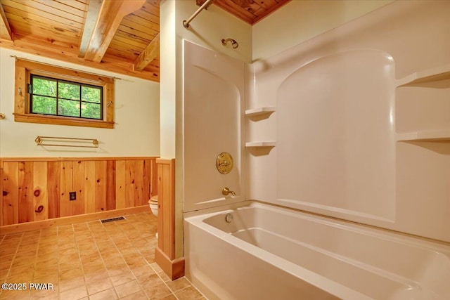 349 Starlight Lake Rd, Starlight, PA 18461 - full bathroom featuring wood ceiling with exposed beams, toilet,  shower combination, a wainscoted wall, and wooden walls