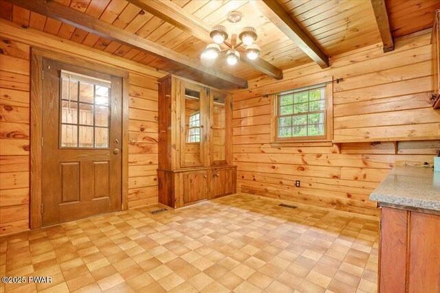 349 Starlight Lake Rd, Starlight, PA 18461 - entrance foyer featuring wood ceiling with exposed beams, a chandelier, and wooden walls
