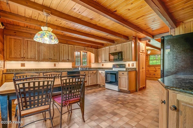 349 Starlight Lake Rd, Starlight, PA 18461 - kitchen featuring black appliances, wooden ceiling with exposed beams, dark countertops, and healthy amount of natural light
