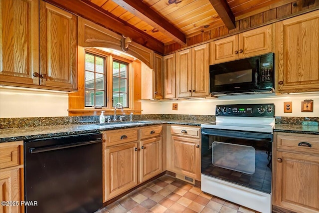 349 Starlight Lake Rd, Starlight, PA 18461 - kitchen featuring black appliances, a sink, and wooden ceiling with exposed beams