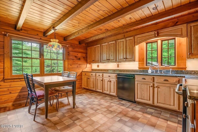 349 Starlight Lake Rd, Starlight, PA 18461 - kitchen featuring black dishwasher, wood ceiling with exposed beams, stainless steel range oven, wooden walls, and a sink