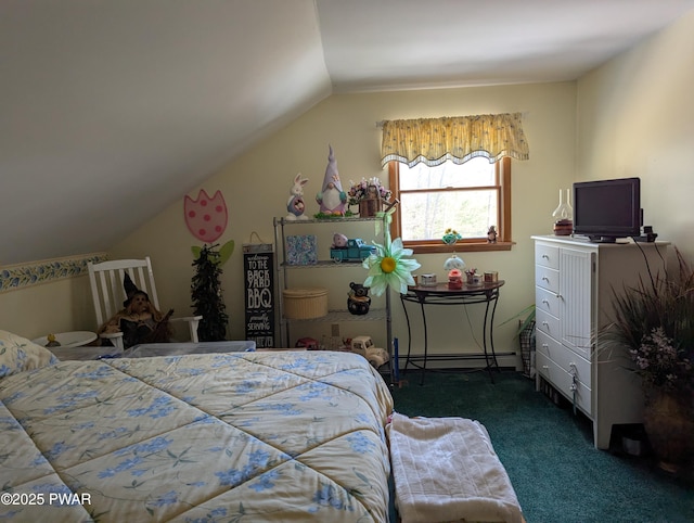 bedroom featuring vaulted ceiling, dark carpet, and baseboard heating