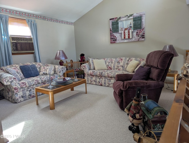 living area with lofted ceiling, cooling unit, and carpet flooring