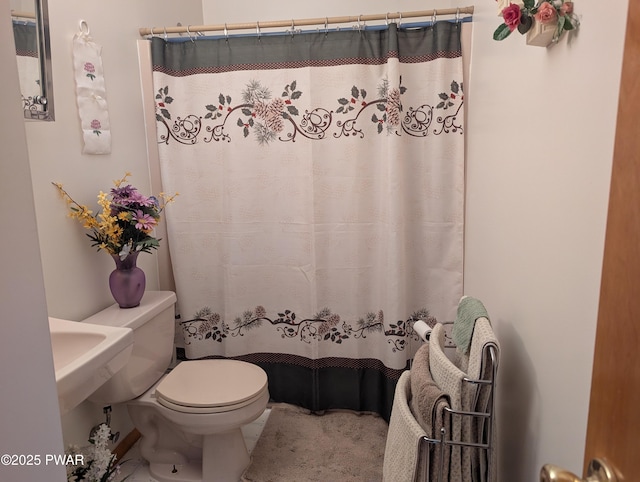 bathroom featuring toilet and curtained shower