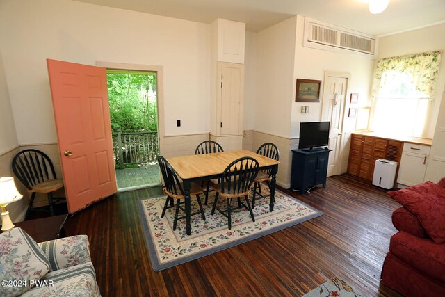 dining area featuring dark wood-type flooring and a wealth of natural light