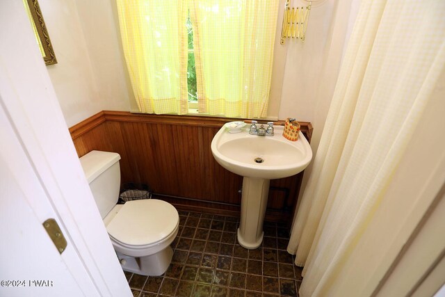 bathroom featuring toilet and wooden walls