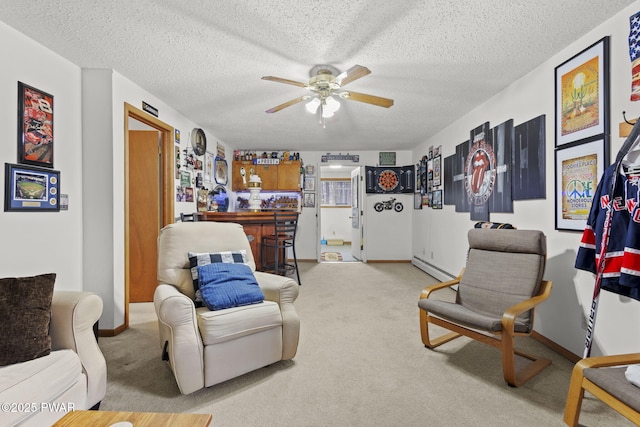 104 Rockway Rd, Lake Ariel, PA 18436 - carpeted living area with a baseboard radiator, a textured ceiling, and ceiling fan