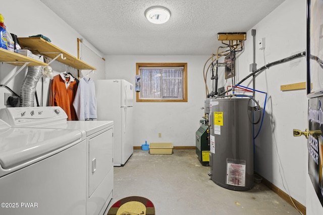 104 Rockway Rd, Lake Ariel, PA 18436 - laundry room featuring baseboards, a textured ceiling, water heater, and washing machine and dryer