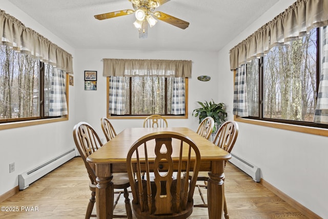 104 Rockway Rd, Lake Ariel, PA 18436 - dining area with baseboard heating, light wood-style flooring, a ceiling fan, baseboards, and a baseboard heating unit