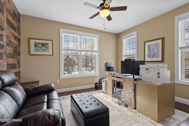 office with visible vents, ceiling fan, and baseboards