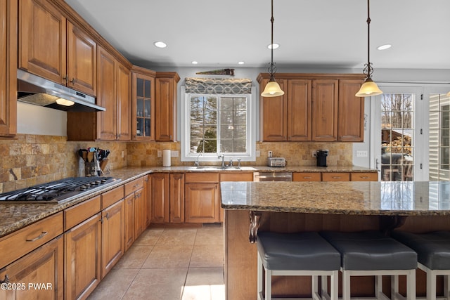 kitchen featuring under cabinet range hood, appliances with stainless steel finishes, brown cabinets, and a sink