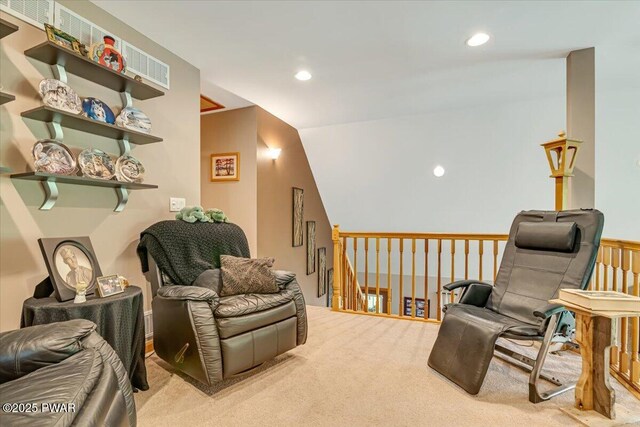 111 Sun Valley Dr, Tafton, PA 18464 - living area featuring carpet floors, an upstairs landing, recessed lighting, and lofted ceiling