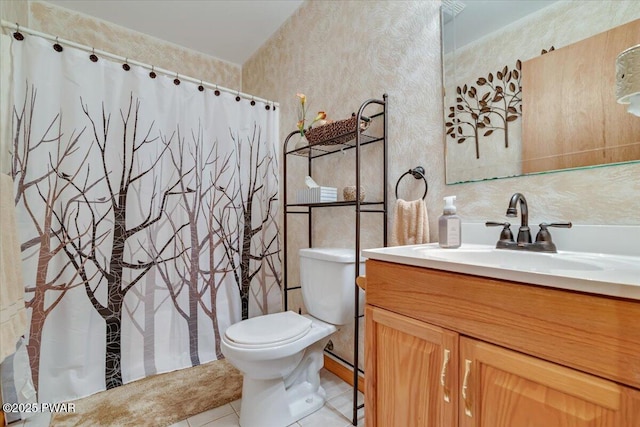 111 Sun Valley Dr, Tafton, PA 18464 - full bathroom featuring tile patterned floors, vanity, wallpapered walls, and a shower with curtain