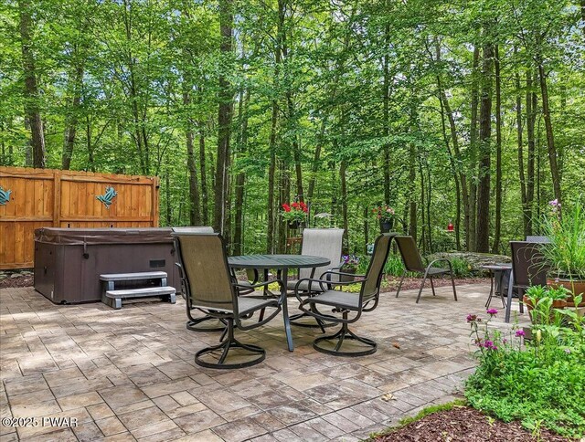 111 Sun Valley Dr, Tafton, PA 18464 - view of patio featuring a hot tub and outdoor dining area