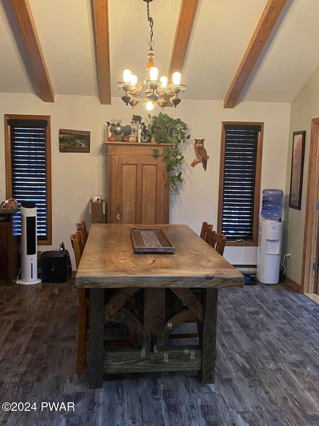 dining space featuring beamed ceiling, dark hardwood / wood-style floors, and a notable chandelier