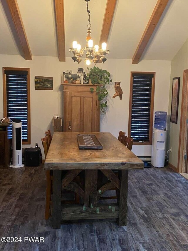 dining space featuring beamed ceiling, dark hardwood / wood-style floors, and a notable chandelier