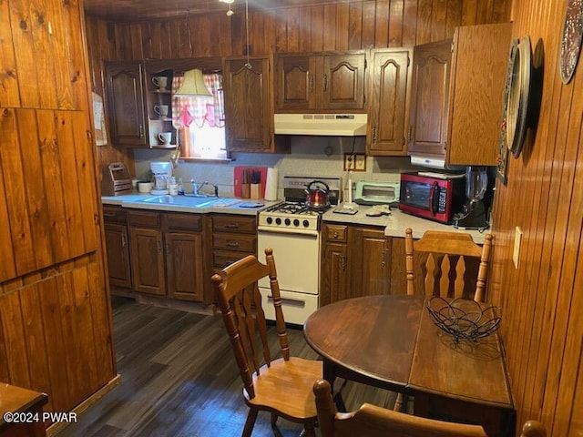 kitchen with dark hardwood / wood-style flooring, white gas range, and sink