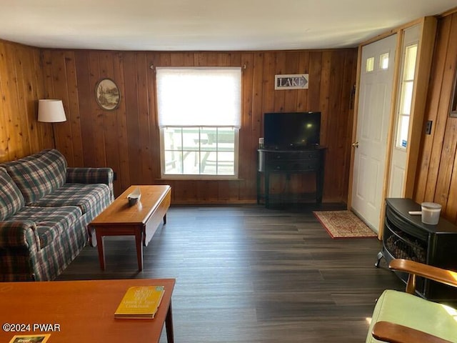 living room with wooden walls