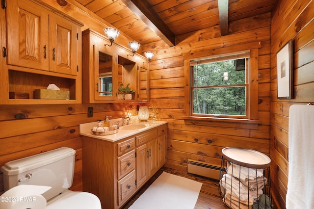 bathroom with beam ceiling, a baseboard radiator, wooden walls, vanity, and wood ceiling