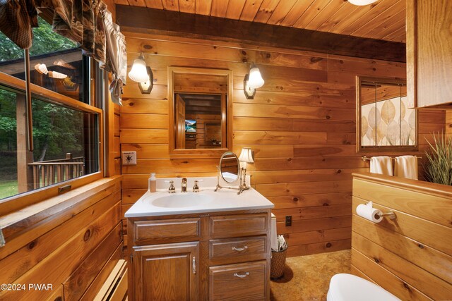 bathroom featuring beamed ceiling, vanity, wood walls, and wooden ceiling