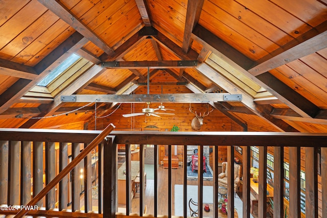 room details with a skylight, beamed ceiling, and wooden ceiling