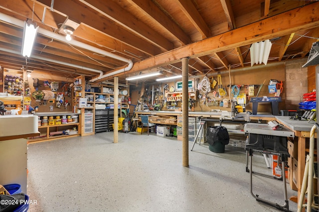 basement with a workshop area