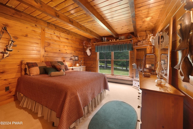 carpeted bedroom featuring beamed ceiling, wooden ceiling, wooden walls, and a baseboard radiator