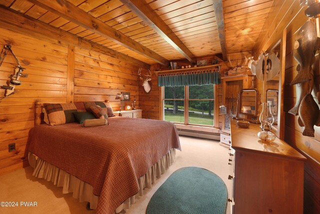 carpeted bedroom featuring beamed ceiling, wooden ceiling, wooden walls, and a baseboard radiator