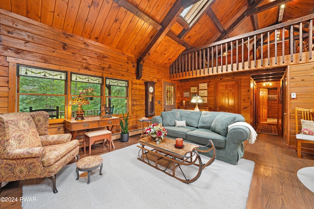 living room with a skylight, beamed ceiling, high vaulted ceiling, wood walls, and hardwood / wood-style flooring