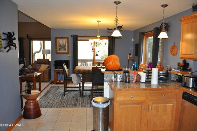 kitchen with an inviting chandelier, decorative light fixtures, stainless steel dishwasher, and a healthy amount of sunlight