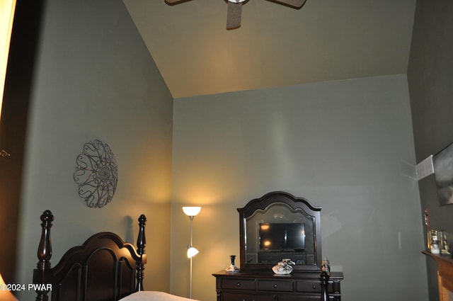 bedroom with ceiling fan and vaulted ceiling