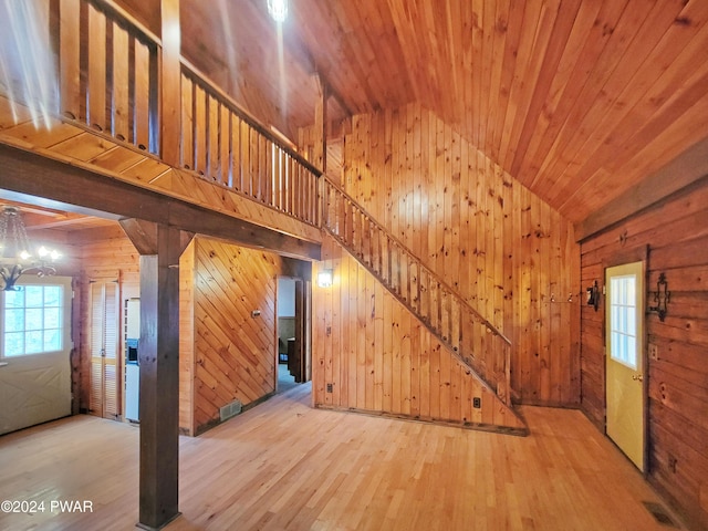 unfurnished living room featuring wooden walls, wood ceiling, vaulted ceiling, and wood-type flooring