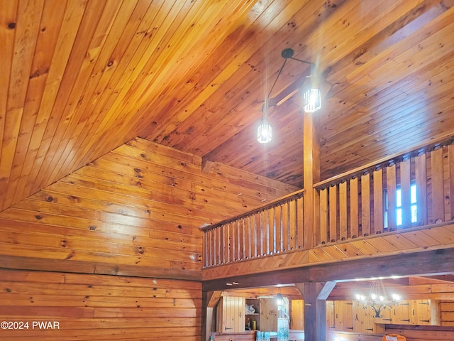 interior details featuring wooden ceiling and wood walls