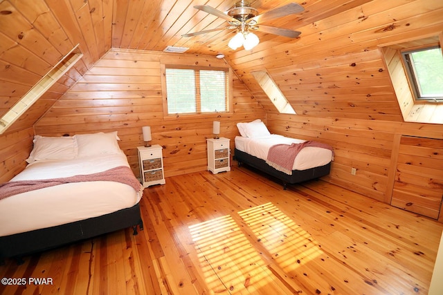 33 Syloro Ln, Damascus, PA 18415 - bedroom with wooden ceiling, lofted ceiling, light wood-style flooring, wood walls, and multiple windows
