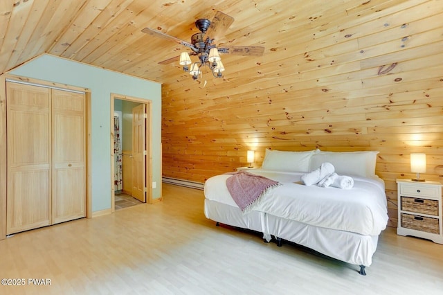 33 Syloro Ln, Damascus, PA 18415 - bedroom with wood ceiling, wooden walls, light wood-type flooring, baseboard heating, and vaulted ceiling
