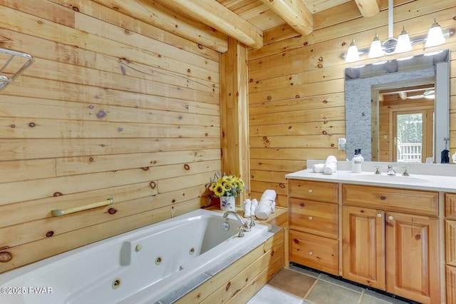 33 Syloro Ln, Damascus, PA 18415 - bathroom with a jetted tub, wooden walls, wood ceiling with exposed beams, vanity, and tile patterned flooring