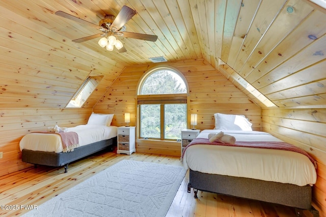 33 Syloro Ln, Damascus, PA 18415 - bedroom featuring wooden ceiling, wood-type flooring, vaulted ceiling, wood walls, and a skylight