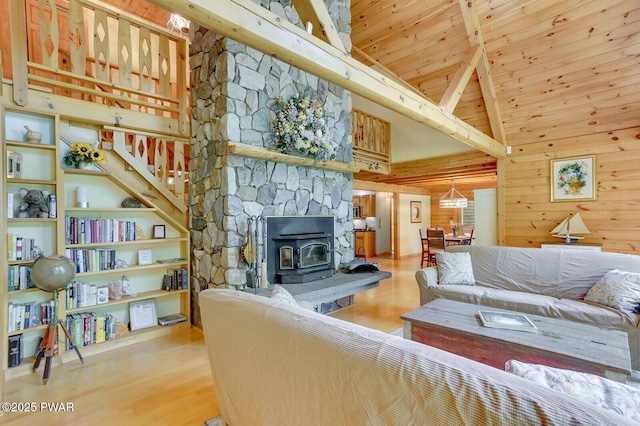 33 Syloro Ln, Damascus, PA 18415 - living area featuring a wood stove, wood finished floors, beam ceiling, wood walls, and stairs