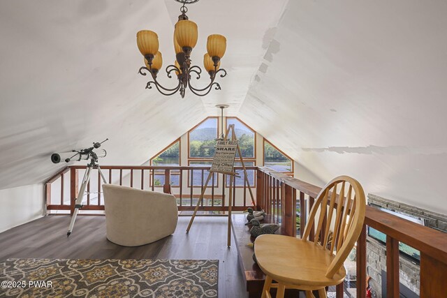 18 Tammany Flts, Damascus, PA 18415 - sitting room with wood finished floors, vaulted ceiling, a water view, and a chandelier
