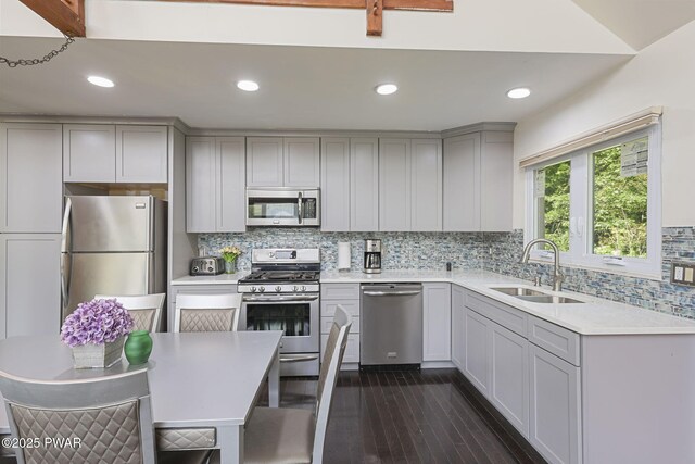 18 Tammany Flts, Damascus, PA 18415 - kitchen with stainless steel appliances, gray cabinetry, dark wood-type flooring, tasteful backsplash, and recessed lighting