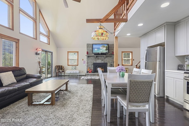 18 Tammany Flts, Damascus, PA 18415 - living room featuring a high ceiling, recessed lighting, dark wood-style floors, a fireplace, and a ceiling fan