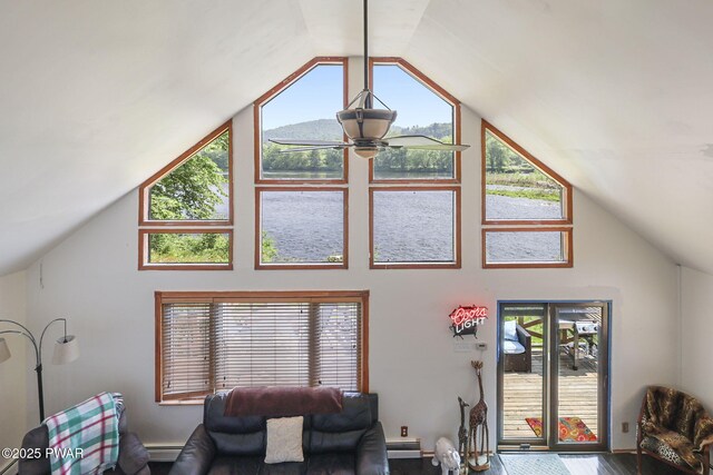18 Tammany Flts, Damascus, PA 18415 - living room featuring ceiling fan, high vaulted ceiling, wood finished floors, and a baseboard radiator