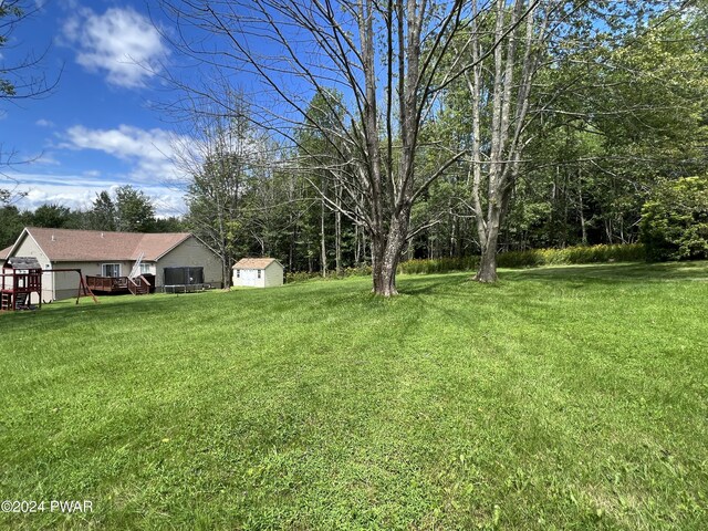 view of yard with a deck and a storage unit