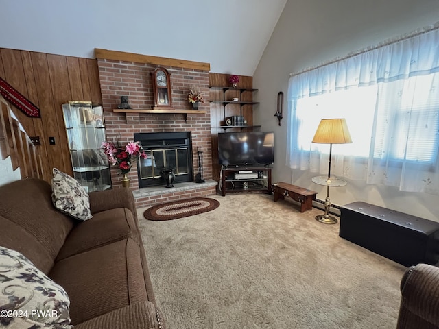 living room featuring carpet, a brick fireplace, lofted ceiling, and wood walls