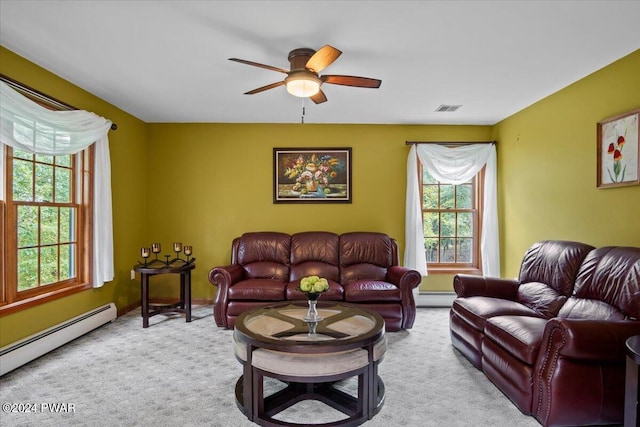 carpeted living room with ceiling fan and baseboard heating