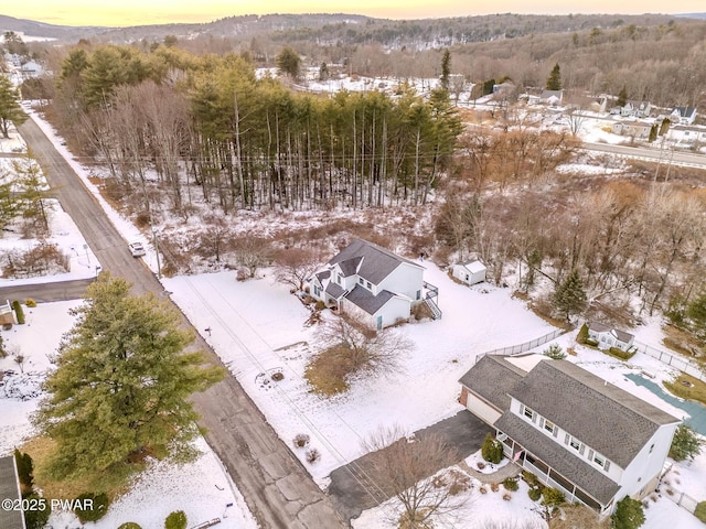 snowy aerial view featuring a mountain view