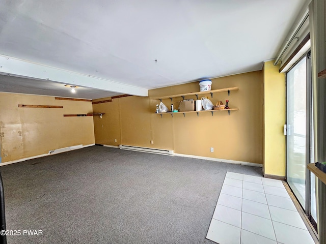 interior space with a baseboard radiator and light colored carpet