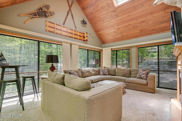 146 Cove Point Cir, Lakeville, PA 18438 - carpeted living area featuring wood ceiling, plenty of natural light, high vaulted ceiling, and a skylight
